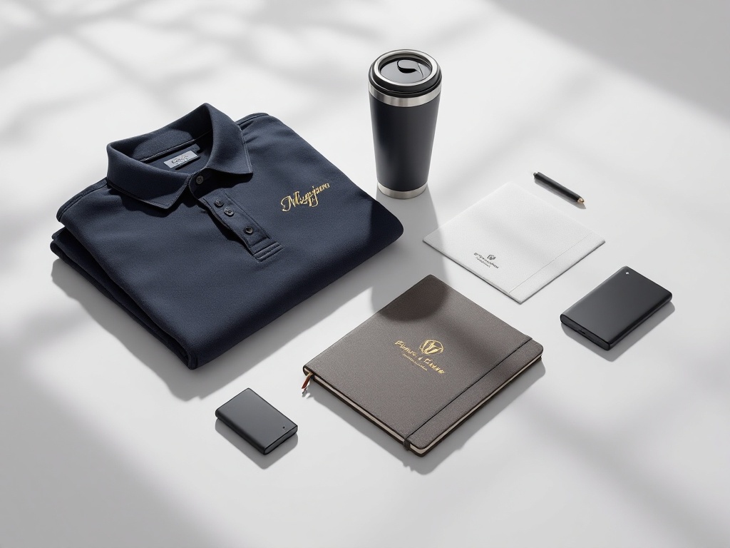 Branded shirt and notebooks and a coffee cup